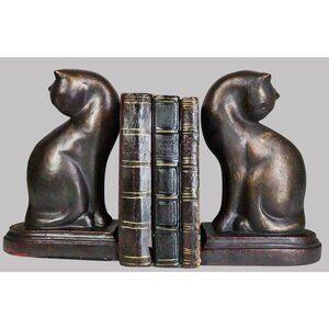 Faux Bronze Feline Cats At Repose Kissing Their Backs Bookends Pair Figurine Set